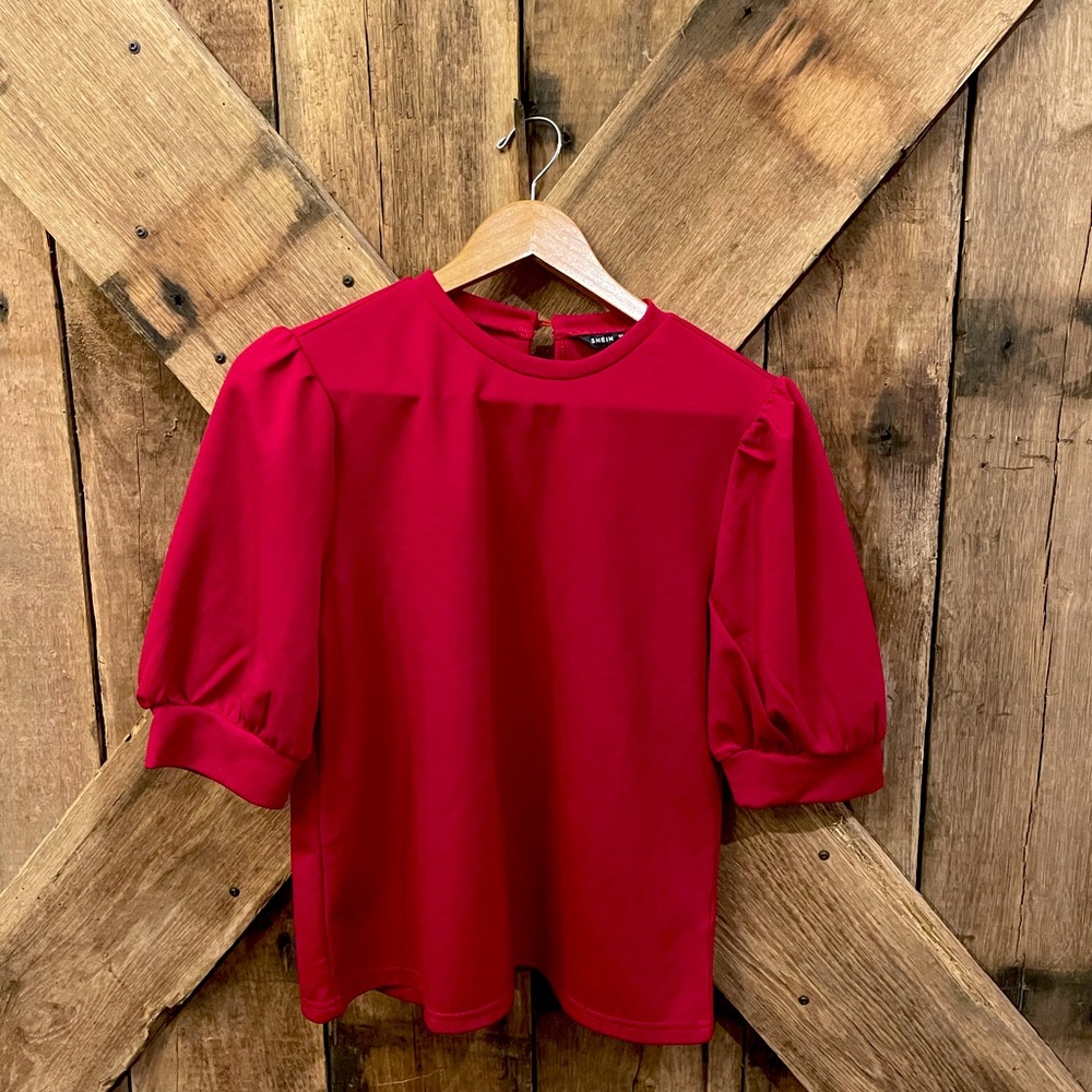 SHEIN Womens Puff Sleeve Top Pullover Keyhole Back - Picture 1 of 6